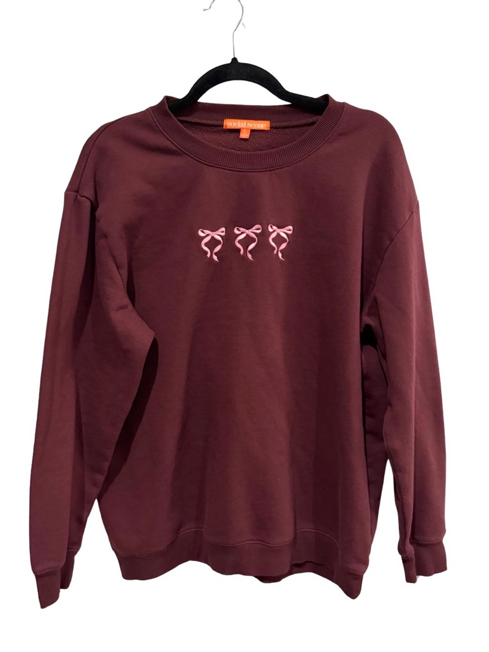 Women’s Maroon Crewneck Sweatshirt with Pink Bow Motif